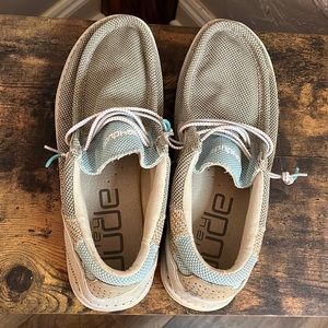 Hey Dude, main color is gray, men’s size 10, lightly worn
